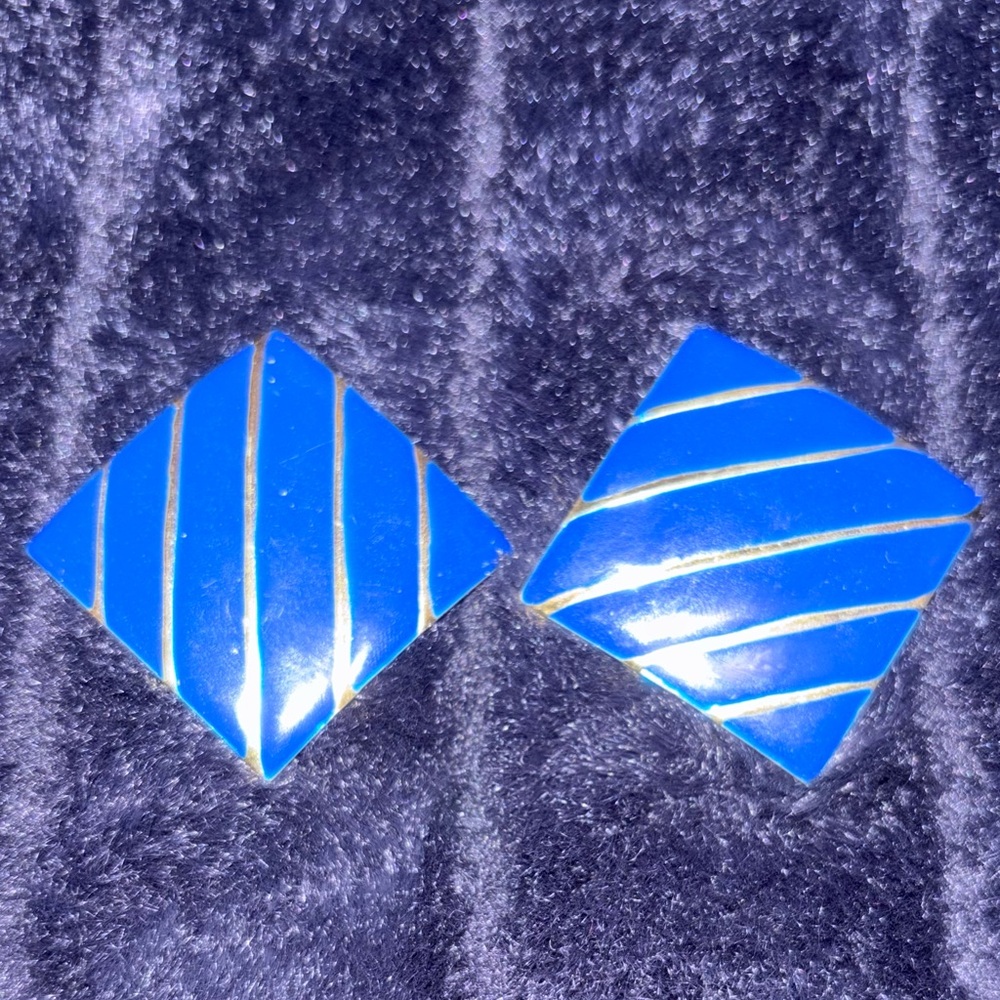 Vintage Blue Enamel Diamond Earrings with Gold Accents